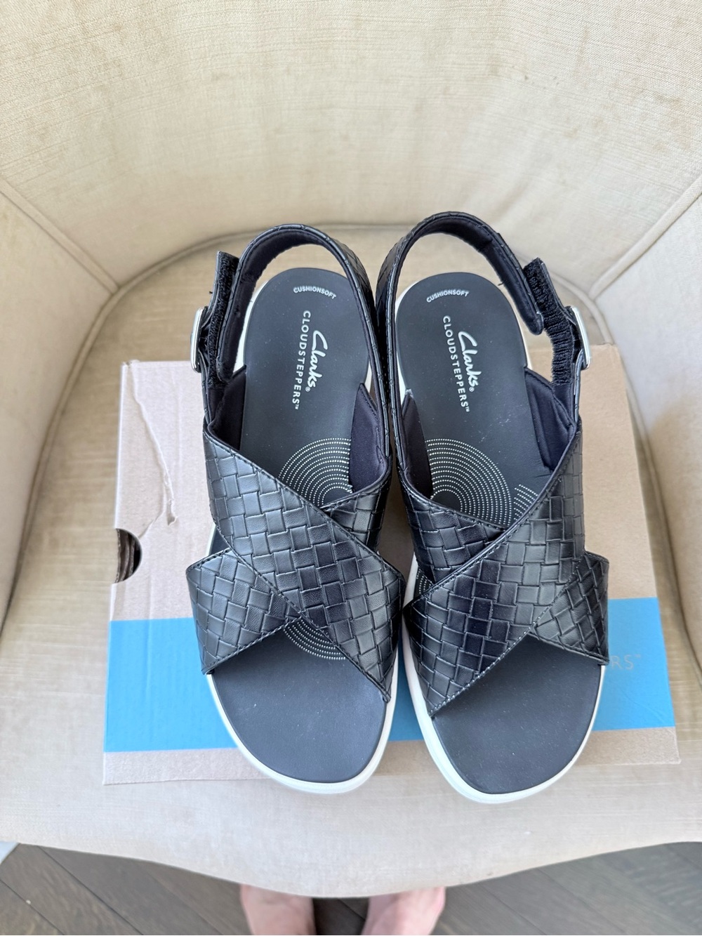 Clarks Black Woven Cross-Strap Slingback Sandals